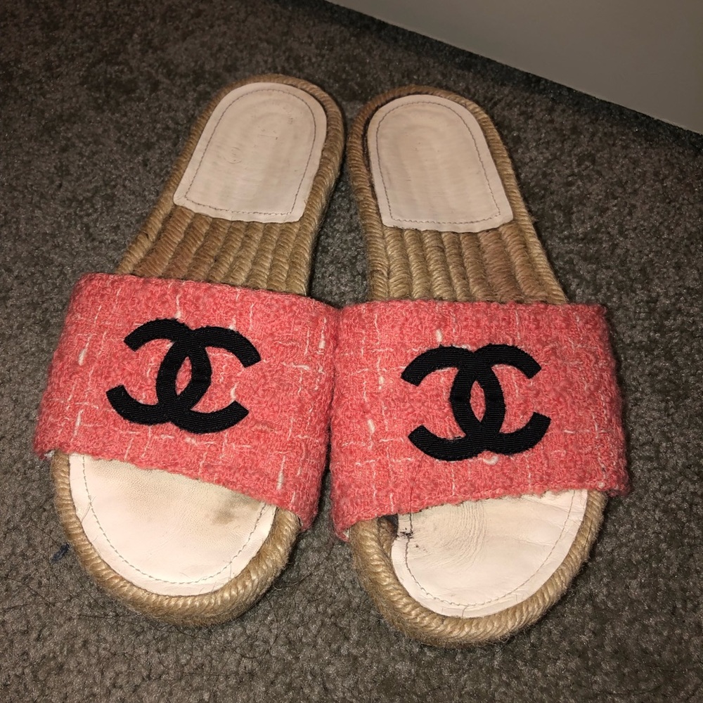 Pink/black Chanel Tweed CC Slide Espadrilles size 36